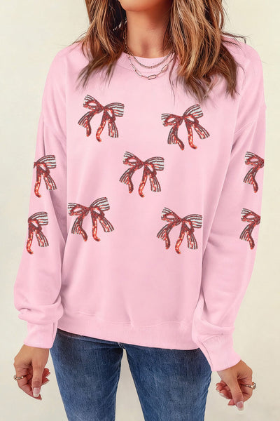 Women's Pink Oversized Sequin Bow Sweatshirt with Drop Shoulder