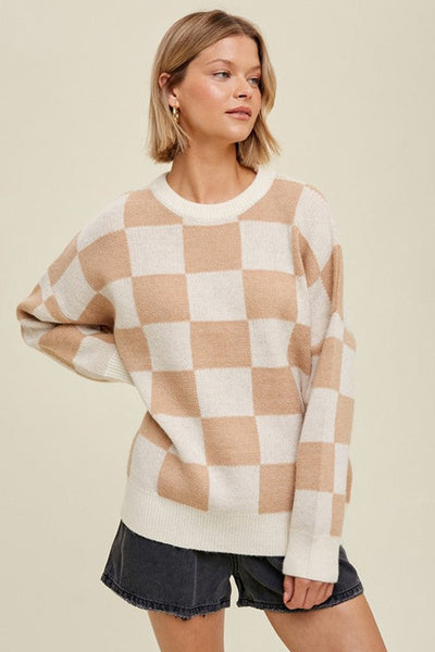 Cozy Women's Checkered Knit Sweater in Parchment - Stylish Ribbed Trim & Baggy Fit for Effortless Fall Fashion