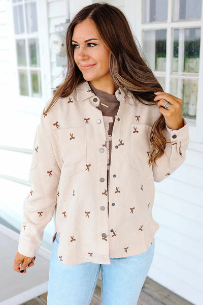 Women's Stylish Jet Stream Corduroy Shacket with Bow Embroidery - Chic Button-Down Layer for Effortless Fall Fashion