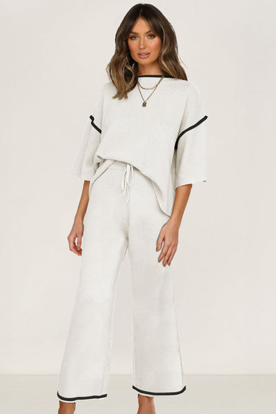 Women's Relaxed Colorblock Knit Two-Piece Pant Set in Alabaster