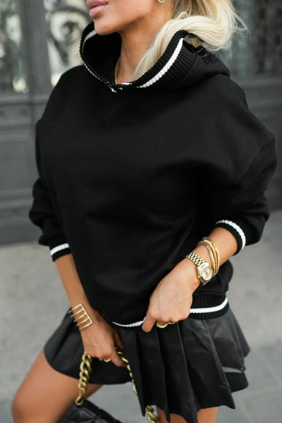 Women's Black Preppy Casual Hoodie with Varsity Stripes & Ribbed Details for Cozy Everyday Style