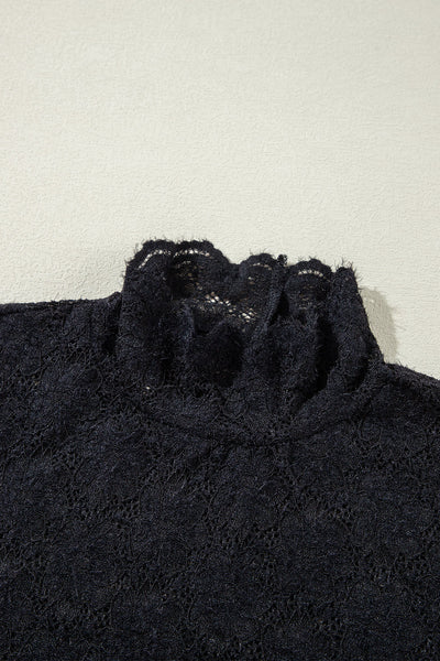 Chic Women's Black Floral Lace High Neck Blouse - Long Sleeve, Elegant Fit for Every Occasion