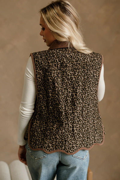 Women's Khaki Leopard Print Patchwork Vest with Corduroy Trim and Contrast Collar Stylish, Casual Layering Piece made for easy styling and wardrobe