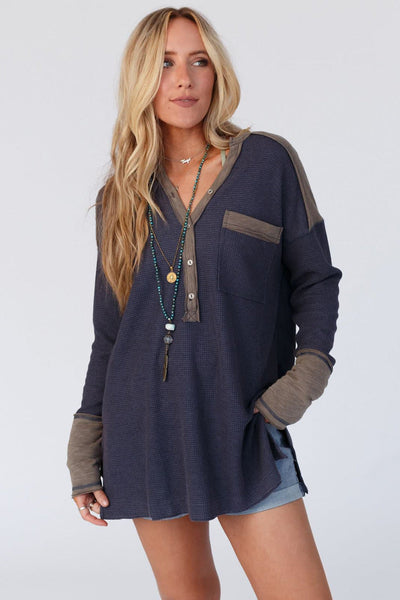 Cozy Women's Dark Blue Thermal Top with Contrast Trim & Half Button Detail - Perfect Stylish Fit for Year-Round Wear