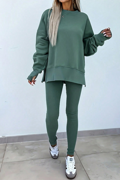Cozy Women's Green Oversized Sweatshirt & Ribbed Leggings Set - Casual Chic 2-Piece Outfit for Effortless Style