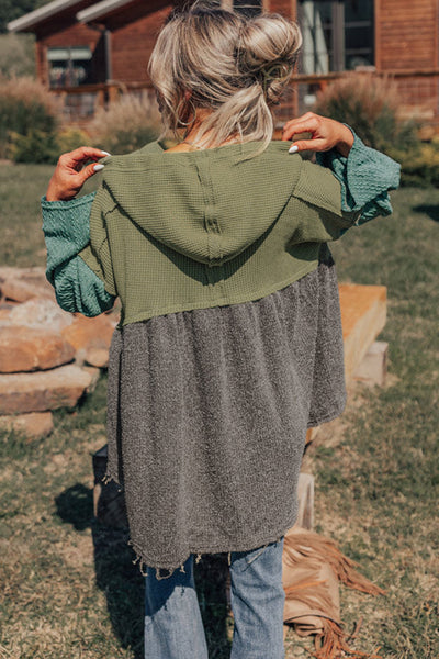 Laurel Green Women's Colorblock Hooded Top with Frayed High-Low Hem, Wide Sleeves & Textured Fabric for Stylish Comfort
