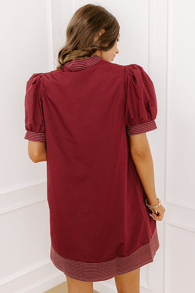 Women's Burgundy V-Neck Puff Sleeve Shift Dress made for easy styling and wardrobe coordination, with premium-like structure and finish.