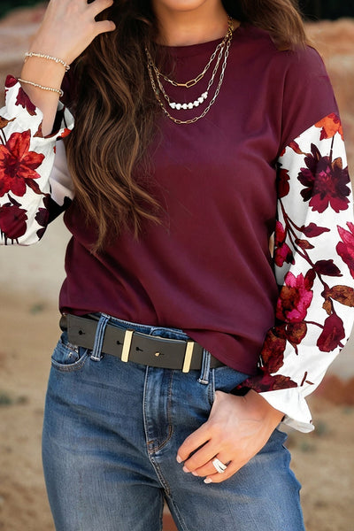 Women's Wild Ginger Floral Sleeve Ribbed Top with Ruffle Cuffs