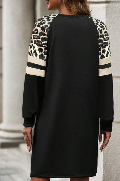 Trendy Women's Black Leopard Print Varsity Sweatshirt Dress with Raglan Sleeves - Stylish & Comfortable Casual Outfit