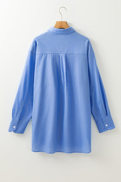 Casual Women's Blue Boyfriend Tunic Shirt with Pocket - Relaxed Fit Top for Effortless Everyday Style