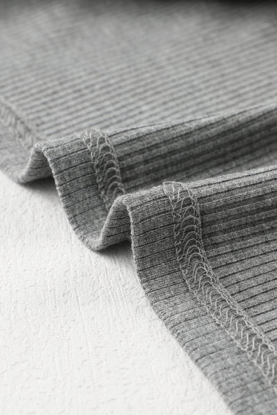 Women's Ribbed Grey Crewneck Top with Sheer Striped Mesh Sleeves