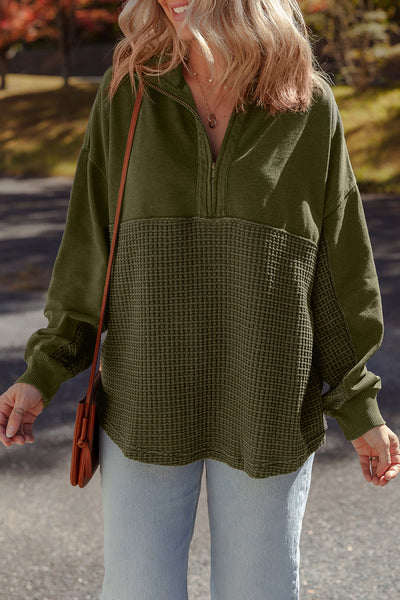 Women's Cozy Moss Green Waffle Knit Half-Zip Sweatshirt - Stylish Patchwork Design for Casual Comfort