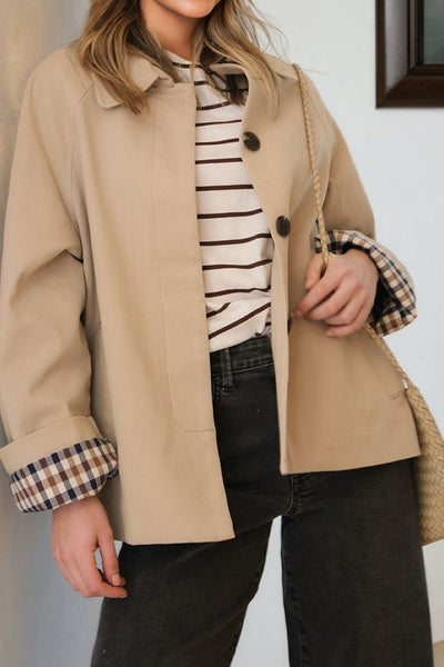 Women's Parchment Plaid-Lined Single-Breasted Short Trench Coat
