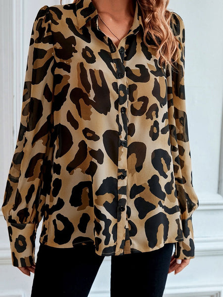 Leopard Print Bishop Sleeve Elegant Shirt