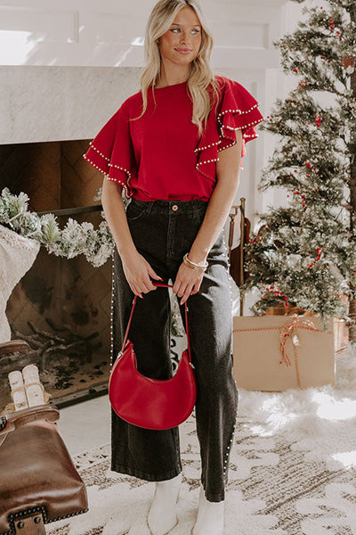 Chic Women's Racing Red Sweater with Pearl Embellishments and Double Ruffle Short Sleeves - Trendy Fit for Stylish Looks