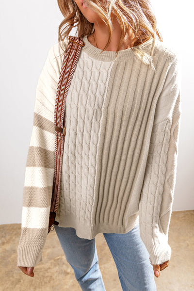 Women's Cozy Khaki Cable Knit Colorblock Sweater - Chic Drop Shoulder Crew Neck for Effortless Style and Comfort
