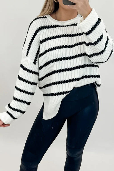 Cozy Women's Black Striped Ribbed Knit Sweater with Drop Shoulders - Relaxed Fit for Effortless Casual Style