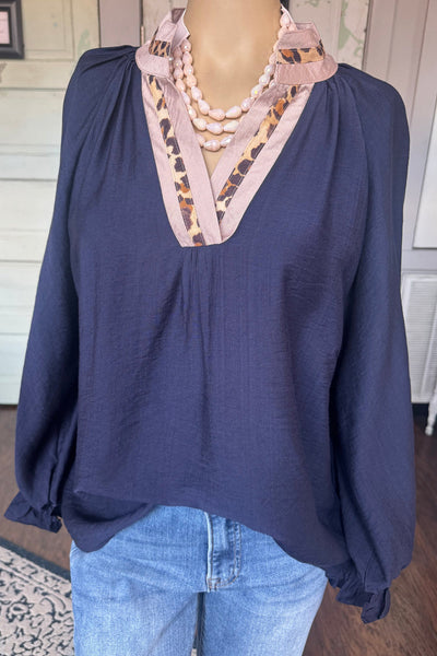 Plus Size Women's Navy Blue Leopard Print Blouse with Flounce Sleeves and Elegant Collar for Trendy Style
