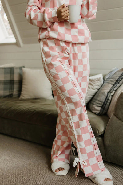 Stylish Women's Pink Checkered Hoodie and Side Stripe Pants Set with Bow Knot - Trendy 2-Piece Loungewear for Comfort