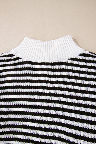 Chic Women's Black Stripe Zip-Up Sweater with Drop Shoulders - Cozy Casual Layering for Every Occasion