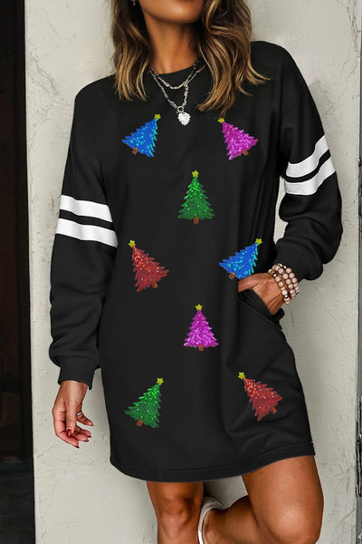 Women's Festive Christmas Tree Rhinestone Sweatshirt Shift Dress