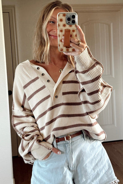Women's Striped Viscose Blend Henley Knit Pullover Sweater