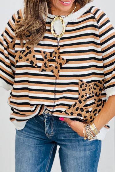 Trendy Women's Khaki Striped Casual Top with Star Patches & Exposed Seams - Half Sleeve, Perfect for Everyday Style