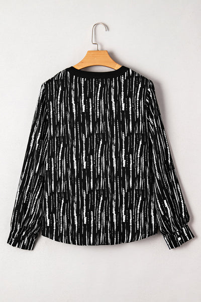 Chic Women's Black Abstract Print V-Neck Blouse - Comfortable Fall Top for Layering & Everyday Style
