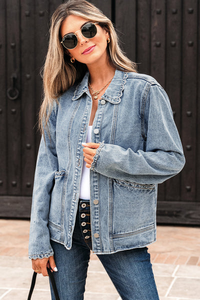 Stylish Women's Classic Blue Denim Jacket - Chic Button-Up Design with Functional Pockets for Year-Round Wear