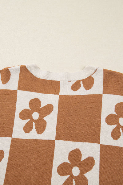 Women's Floral Checkerboard Viscose-Blend Henley Sweater