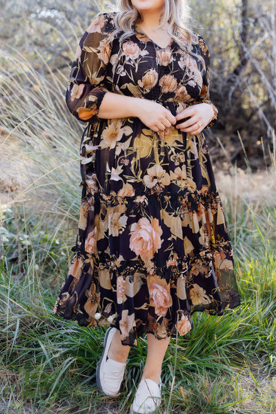 Plus Size Women's Black Floral Tiered Ruffle Dress with Smocked Bust and Elegant 3/4 Sleeves