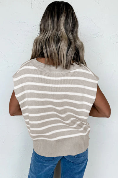 Women's Parchment Striped Crewneck Sweater Tee with Side Slits