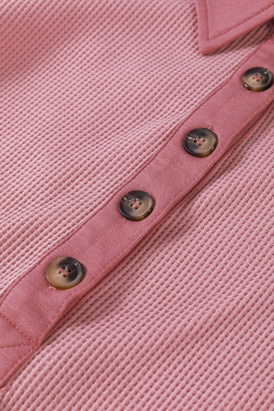 Women's Relaxed Fit Pink Waffle Knit Long Sleeve Collared Top - Stylish Half Button Design for Casual Comfort