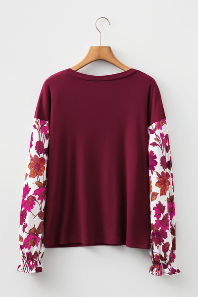 Women's Wild Ginger Floral Sleeve Ribbed Top with Ruffle Cuffs