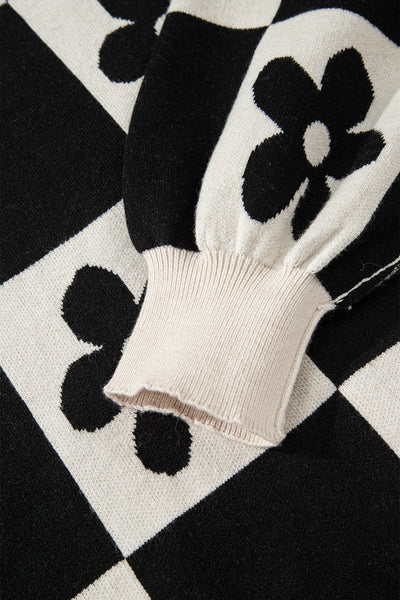 Women's Floral Checkerboard Henley Sweater in Soft Viscose Blend