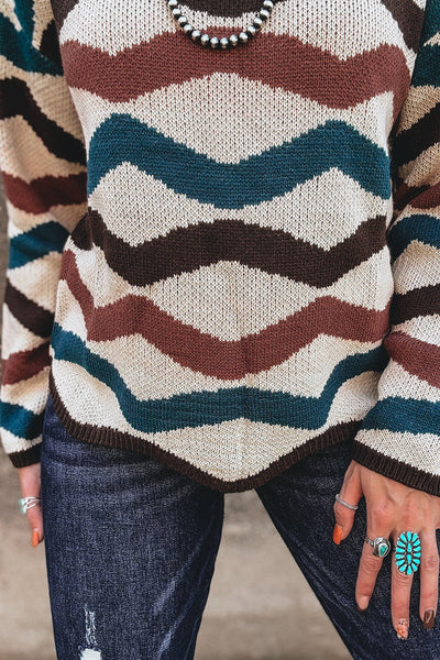 Trendy Women's Multicolor Retro Wave Knit Sweater Cozy Fitted Design for Casual Chic Style
