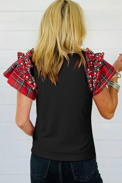 stylish women's black plaid short sleeve t-shirt with pearl ruffles effortless loose fit for everyday chic with practical styling and dependable