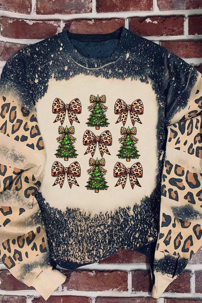 Cozy Oversized Women's Black Leopard Print Tie-Dye Sweatshirt with Bow Detail for Stylish Holiday Comfort