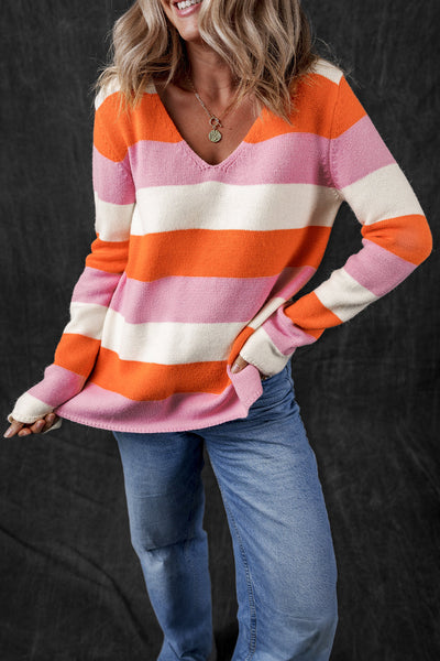 Stylish Women's Orange Striped Colorblock V-Neck Sweater - Casual Comfort for Everyday Chic Looks made for easy styling and wardrobe coordination,