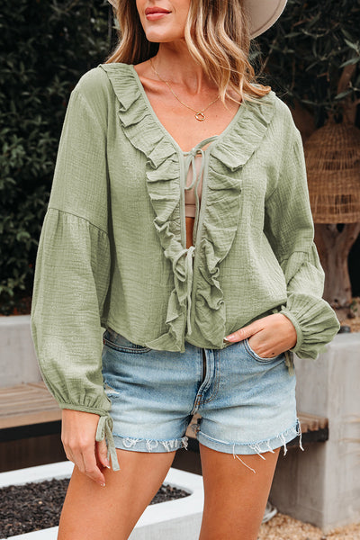 Elegant Women's Soft Pastel Ruffle Trim Blouse - Flowy Fit for Casual Chic Style and All-Day Comfort