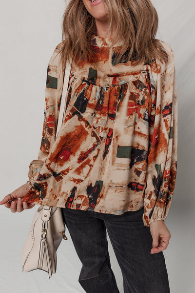 Trendy Women's Multicolor Retro Abstract Blouse with Zip Back and Long Puff Sleeves for Casual Chic Outfits