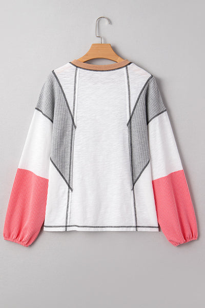 Women's Casual White Textured Knit Top with Stylish Contrast Block Design and Patchwork for Effortless Everyday Chic