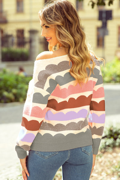 Cozy Women's Gray Striped Balloon Sleeve Sweater with Drop Shoulders for Trendy Fall Fashion