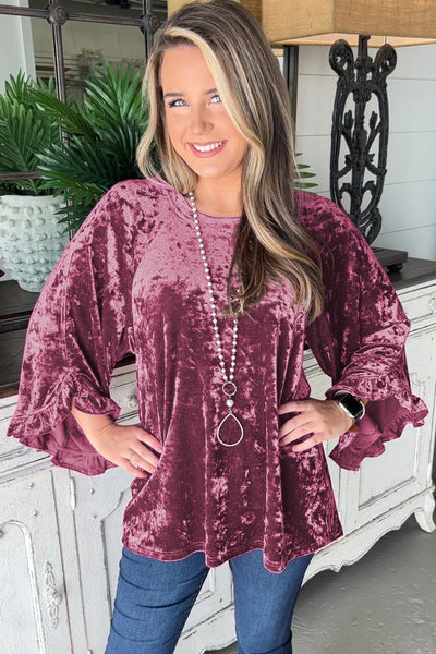 Elegant Red Dahlia Velvet Crew Neck Top with Pagoda Sleeves for Women - Chic, Stylish Fit for Any Occasion