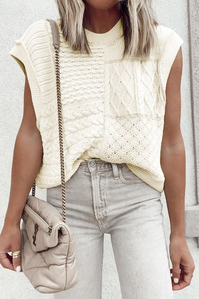 Cozy Women's White Cable Knit Sweater Tank Top with Dolman Armholes Stylish Casual Wear for All Seasons