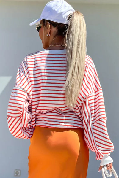 Cozy Women's Orange Striped Drop Shoulder Sweatshirt - Relaxed Fit Crew Neck for Effortless Casual Style