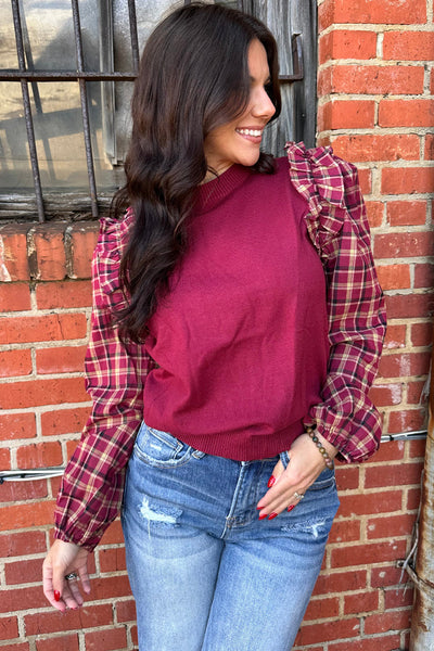 Stylish Women's Red Plaid Ruffled Puff Sleeve Sweater - Cozy Crew Neck Knit for Trendy Fall Outfits