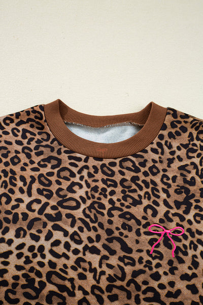Stylish Women's Coffee Leopard Print Long Sleeve Top and Pants Set - Cozy Contrast Trim Loungewear Ensemble