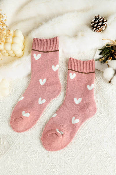 Women's Pink Heart Print Polyester Crew Socks with Ribbed Cuffs