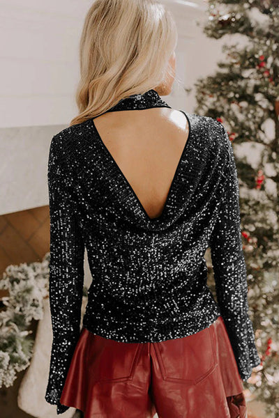 Chic Women's Black Sequin Mock Neck Top with Draped Open Back & Bell Sleeves Perfect for Elegant Evenings Out